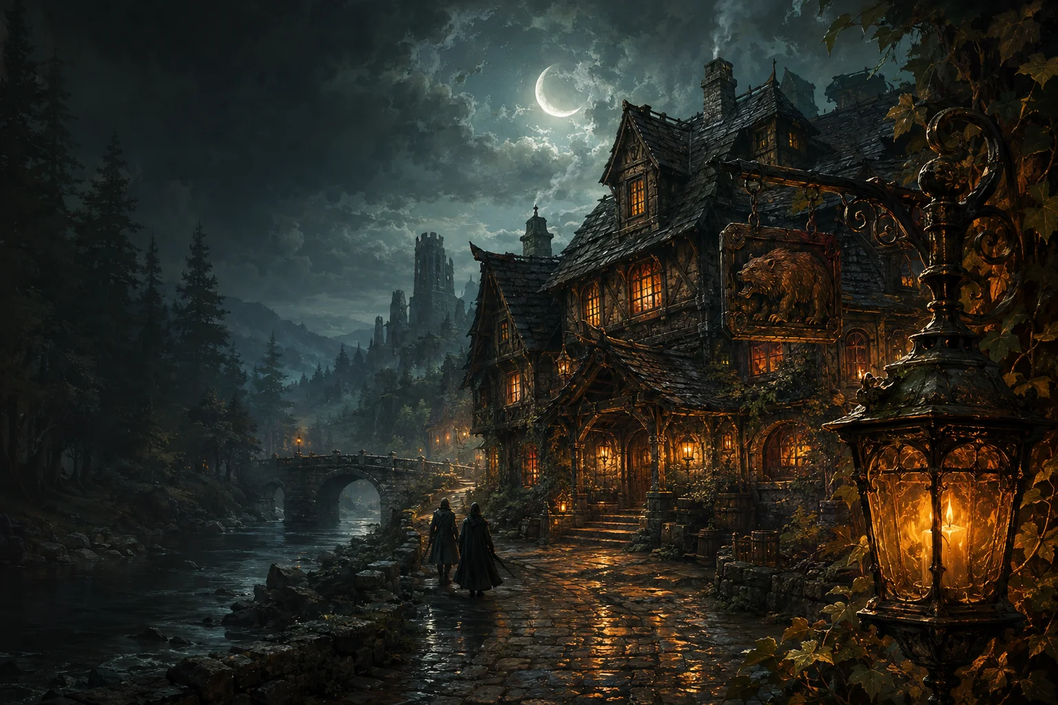 Holdfényes fogadó meleg ablakokkal, ködös kőhíddal és két közeledő kalandozóval. Fantasy hangulatkép.